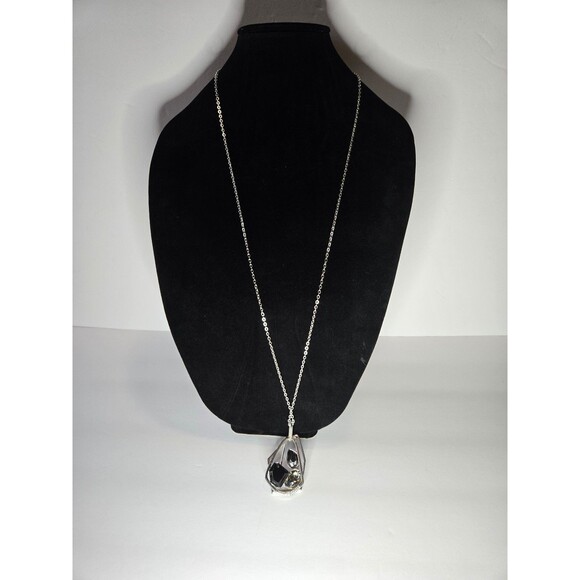 Long Silver Tone Necklace with Large Rhinestone Pendant Adjustable Length - Picture 1 of 6
